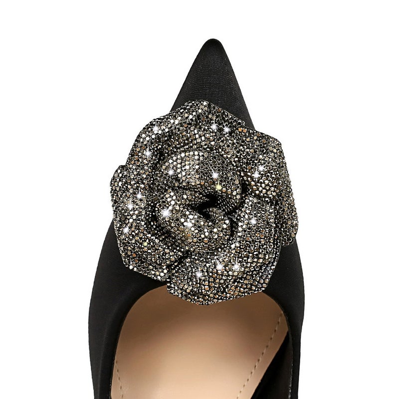18249-H52 High Heels Women'S Shoes Stiletto Heel Super Heel Satin Shallow Mouth Pointed Rhinestone Rose Shoes - Image 5